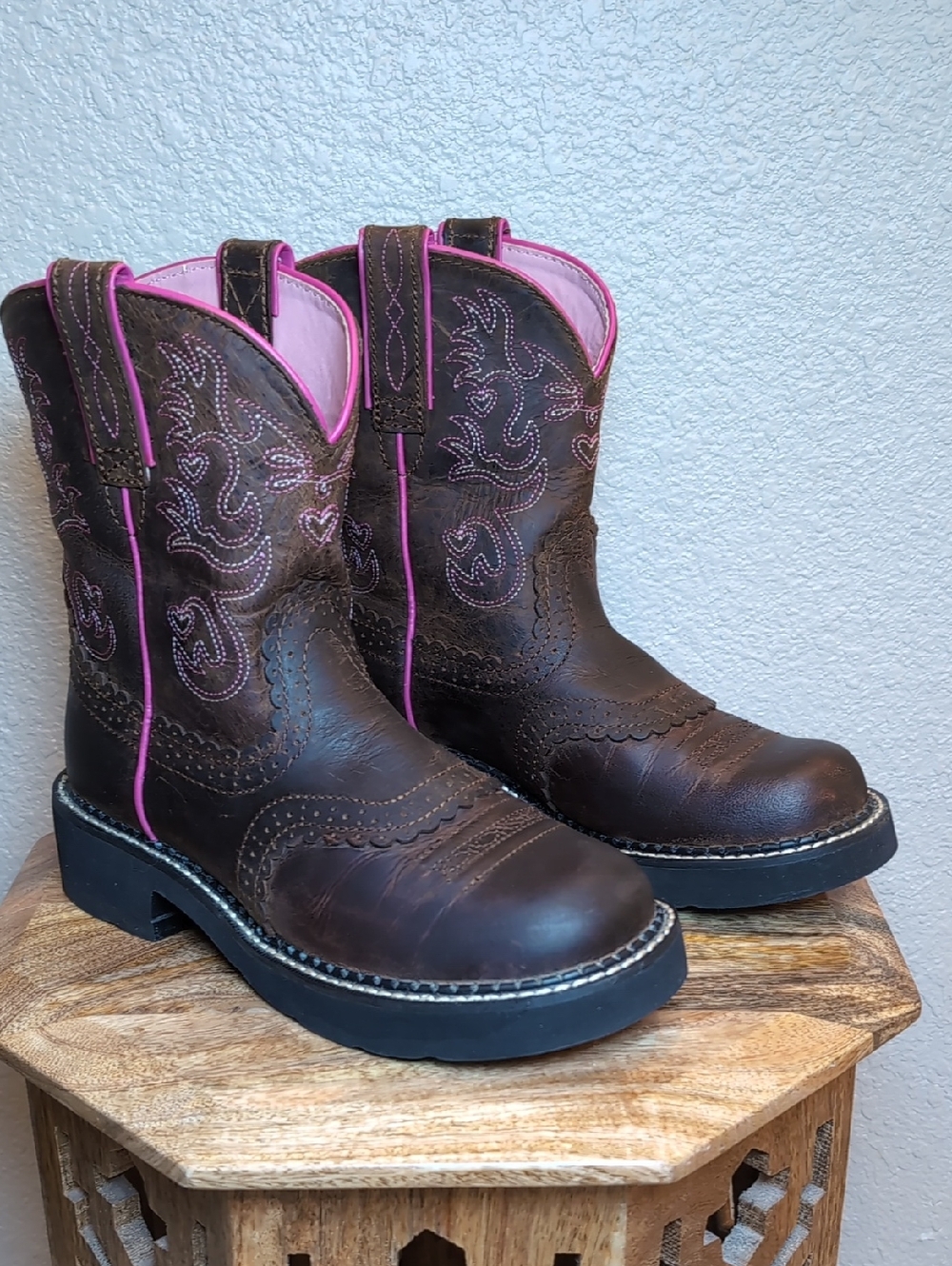 Ariat Fat Baby Leather Cowboy Boots with Pink Trim
